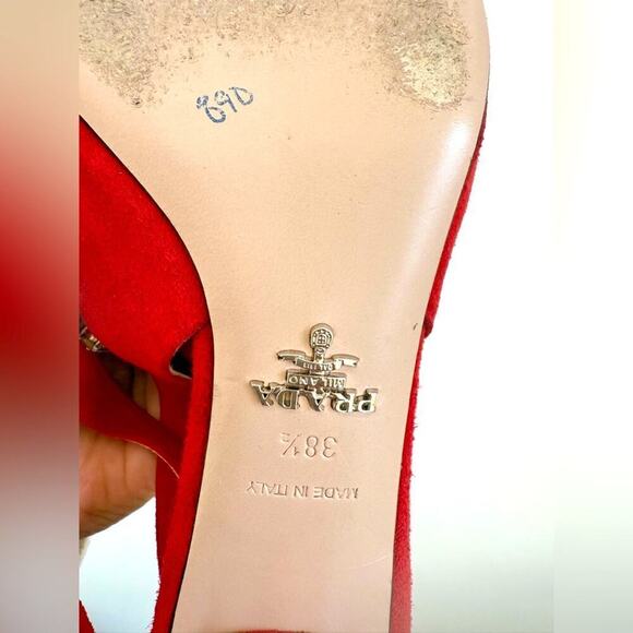Prada Red Suede Leather Crystal embellished Mary Jane Sling back pumps EU 38.5 - Picture 9 of 11